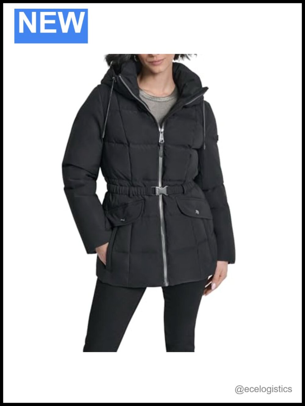 Short Quilted Puffer Jacket with Belt & Removable Faux Fur Hood
